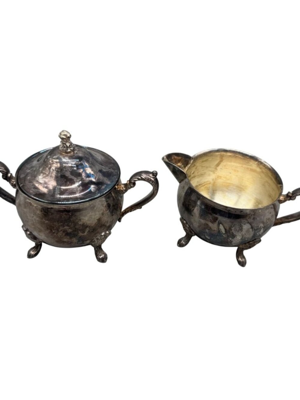Vintage Leonard Silverplate Creamer & Sugar Bowl Set With Ornate Feet READ